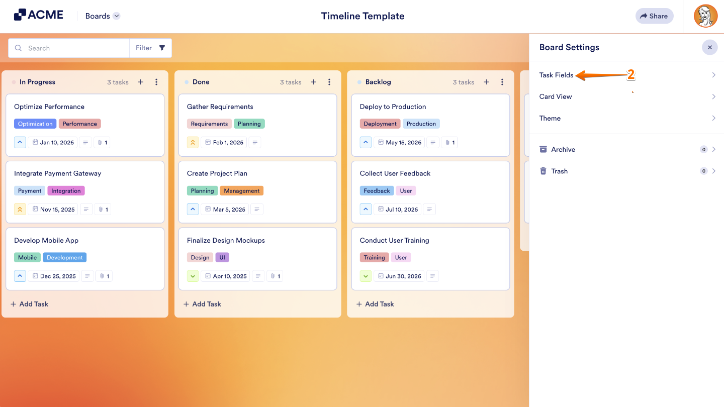 In the Board settings menu, click on Task Fields to manage your task details