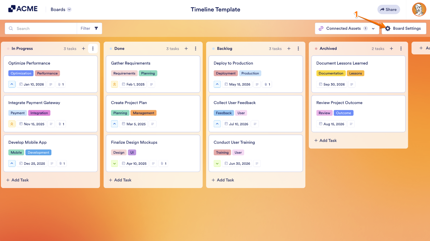 Click on Board Settings in the top-right corner of your Board to access customization options