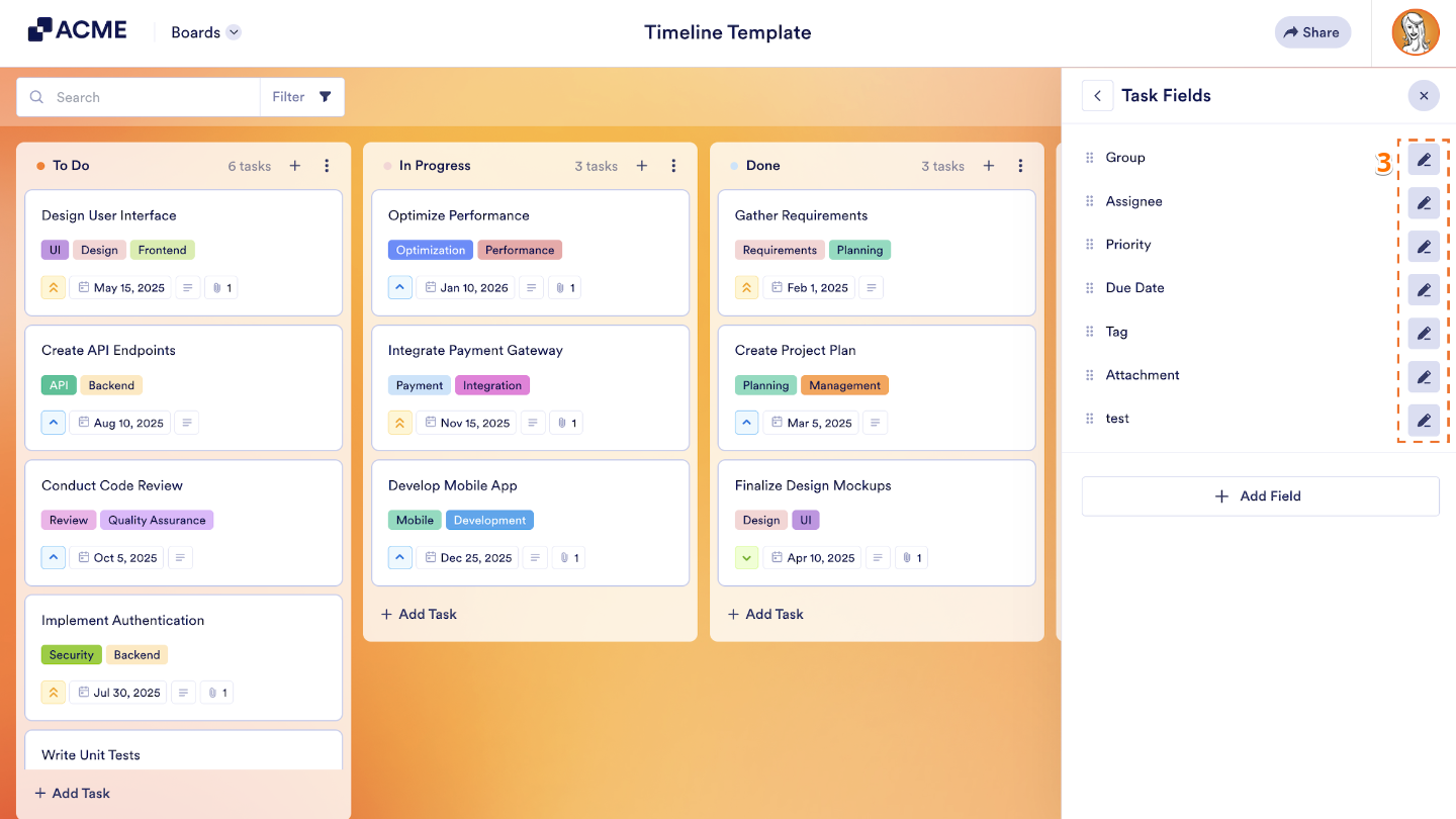 Click the Pencil icon next to a task field to edit or update its settings on your Board