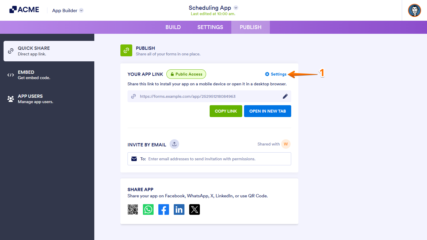 Settings link under the Your App Link of the App Builder