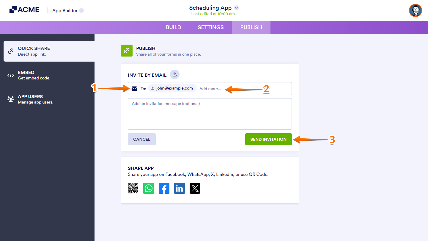 Invite By Email n the Quick Share section of the App Builder