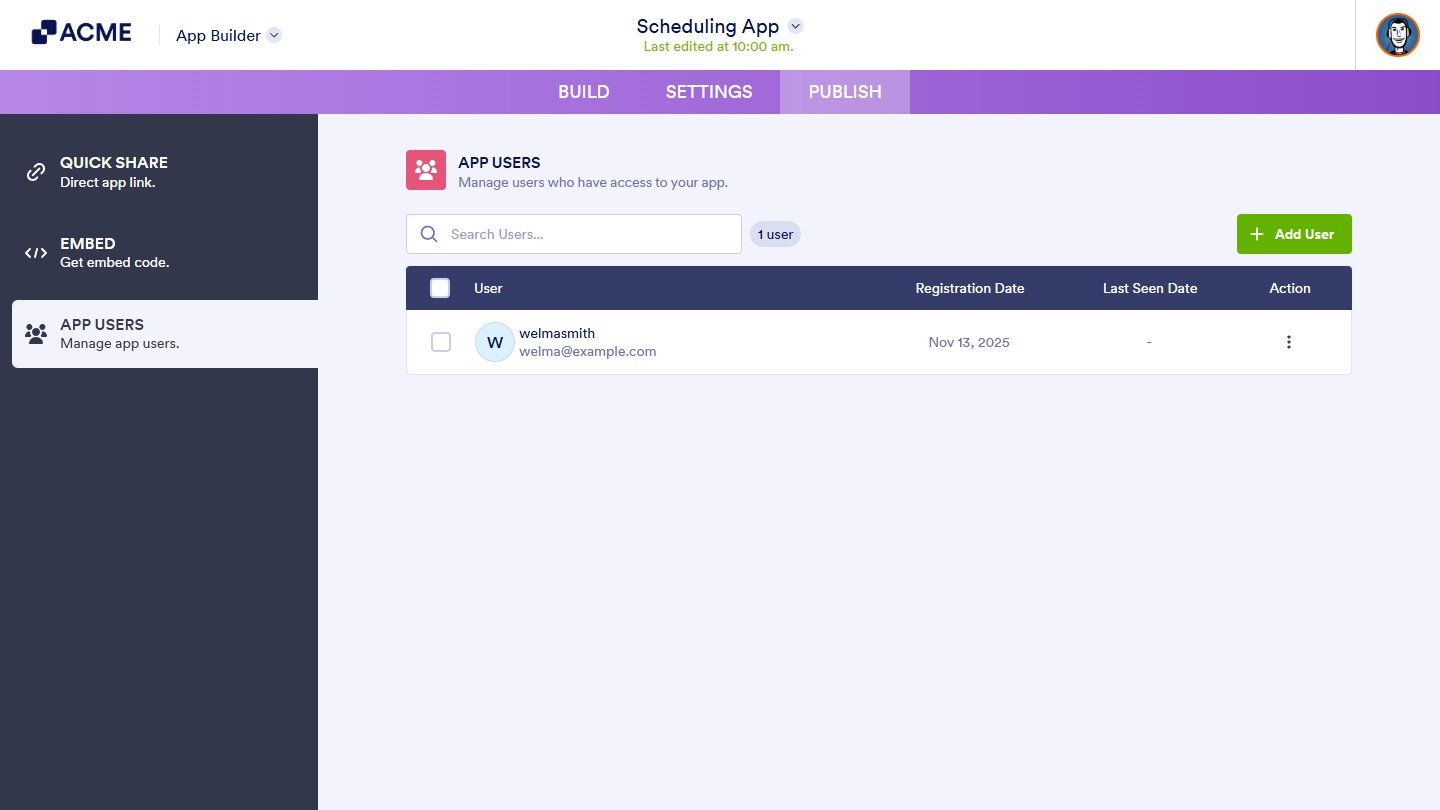 App Users section of the App Builder