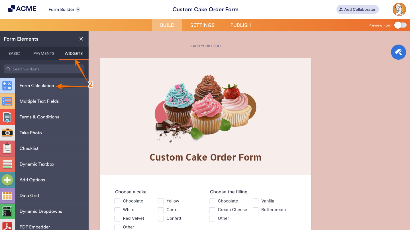 Form Elements menu open under the Widgets tab, showing the Form Calculation widget ready to be added