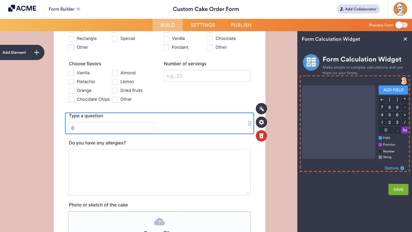 Form Calculation Widget settings panel open on the right side, showing the formula editor for customizing calculations