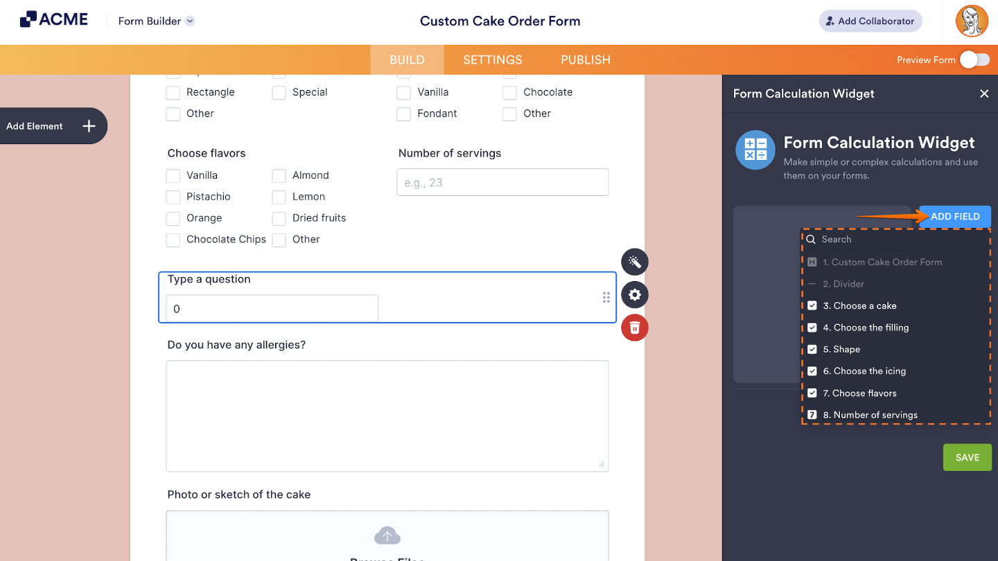 Form Calculation Widget showing the Add Field button above the Formula Keypad section for adding form fields to calculations