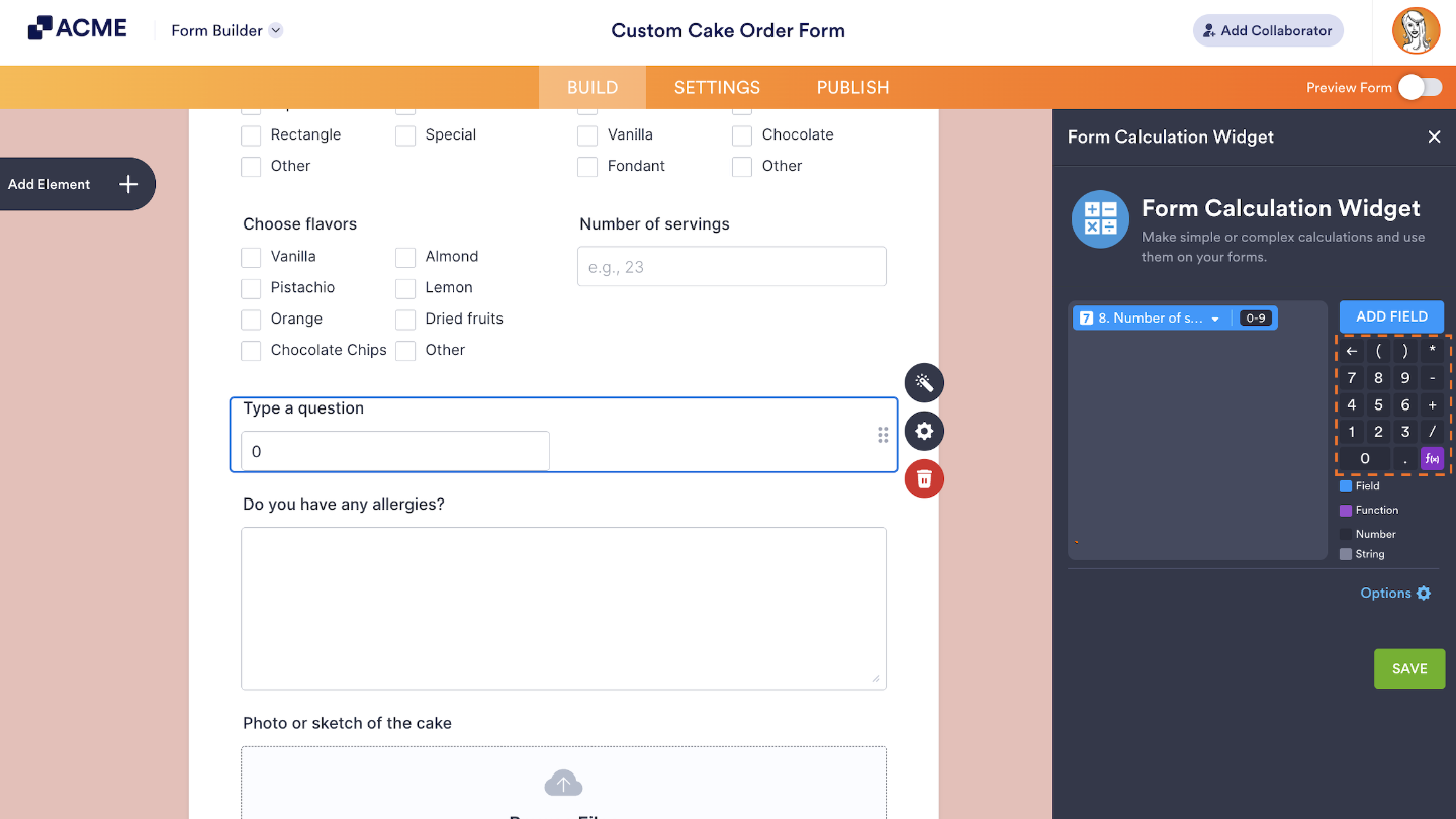 Form Calculation Widget showing the Formula Keypad with digits, operators, and parentheses for building custom formulas
