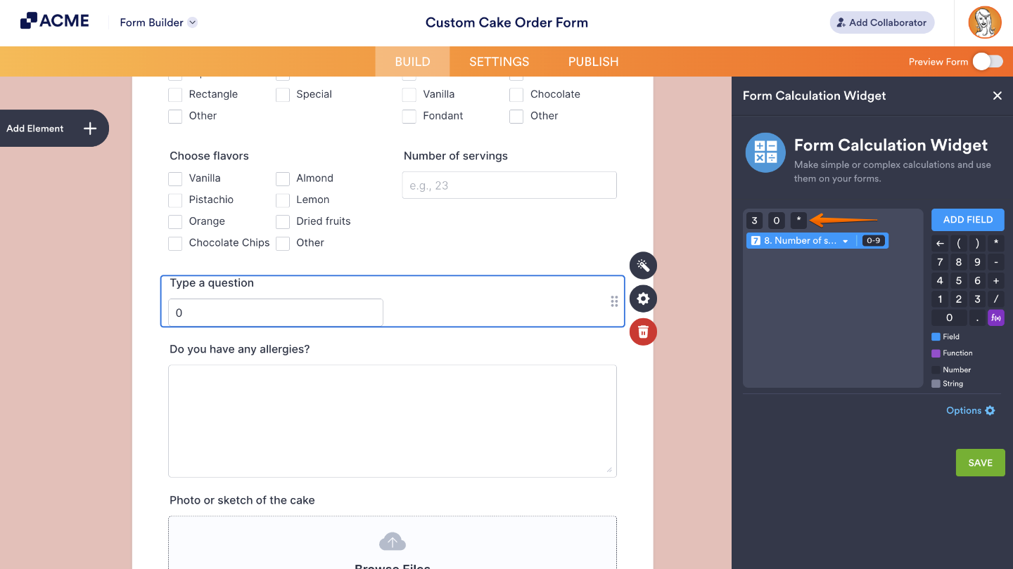 Form Calculation Widget showing form fields with dark gray and light gray backgrounds in the Formula Editor to indicate calculation inclusion
