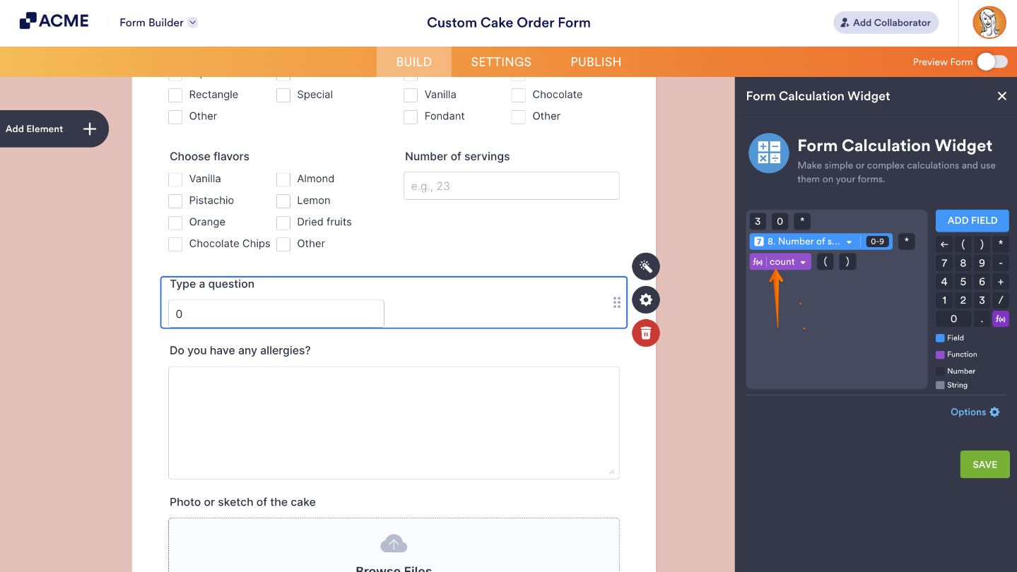 Form Calculation Widget showing examples of functions like abs(), min(), max(), and round() highlighted in purple within the Formula Editor