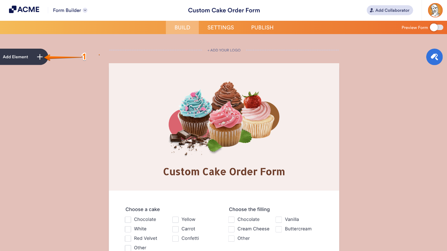 Form Builder interface showing the Add Element button on the left panel