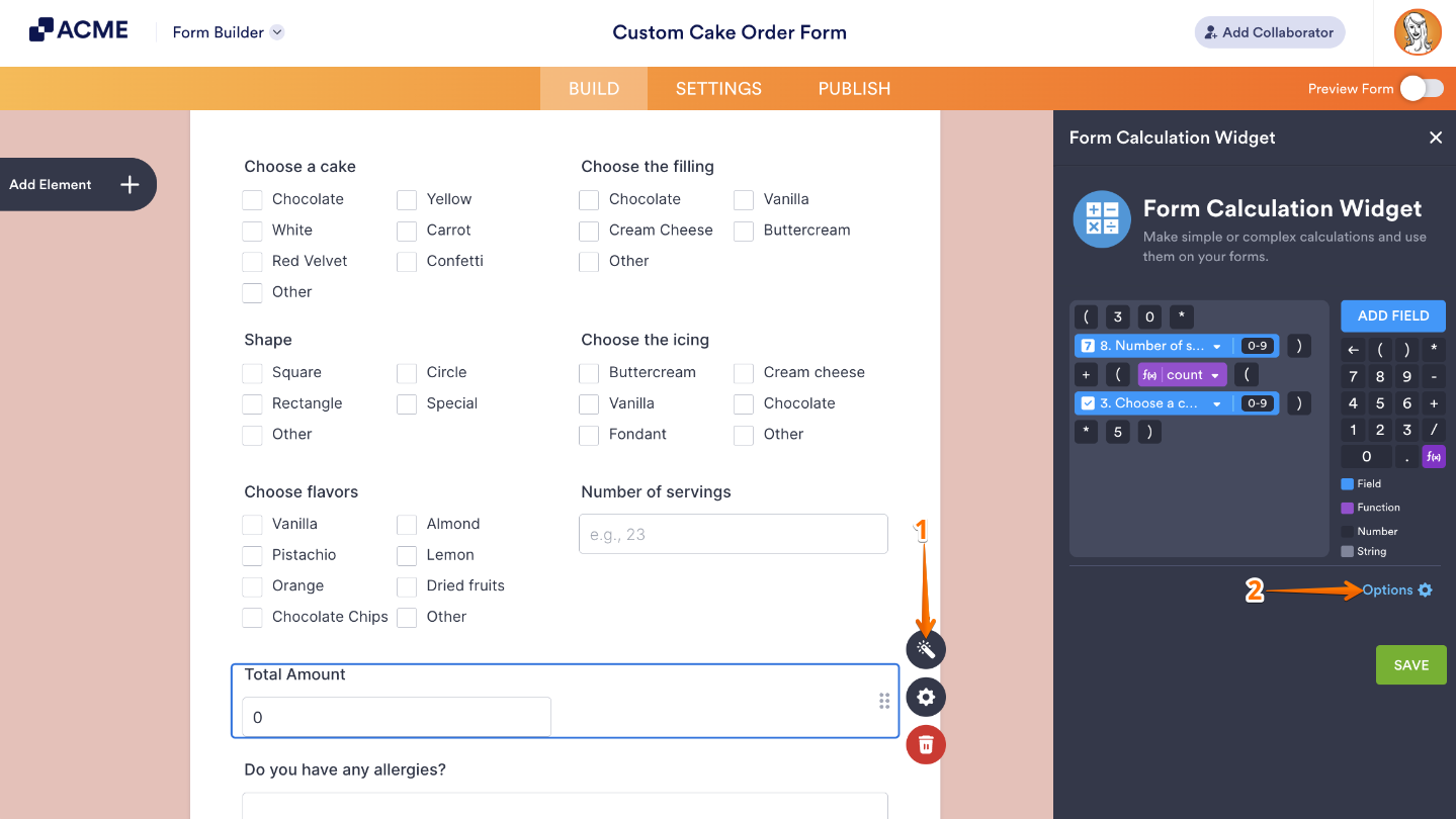 Form Builder showing a Form Calculation Widget with the Wand icon highlighted to open widget settings