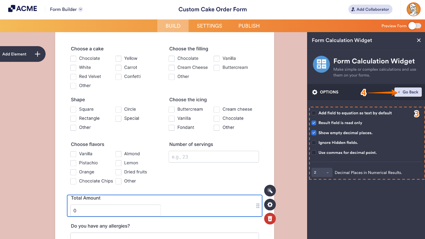 Form Calculation Widget Options section showing checkboxes being selected before returning to the main settings