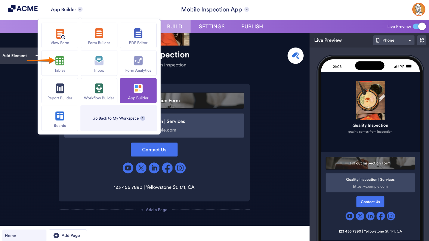 Navigate from App Builder to Tables by selecting it from the dropdown menu beside the logo to easily access and manage your app’s submission data