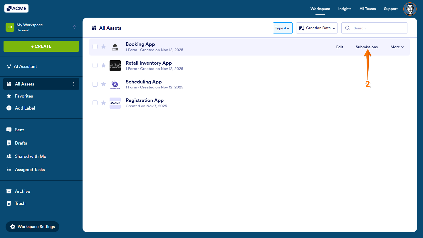 Move your cursor over the App you want to manage, then select Submissions to open its response data