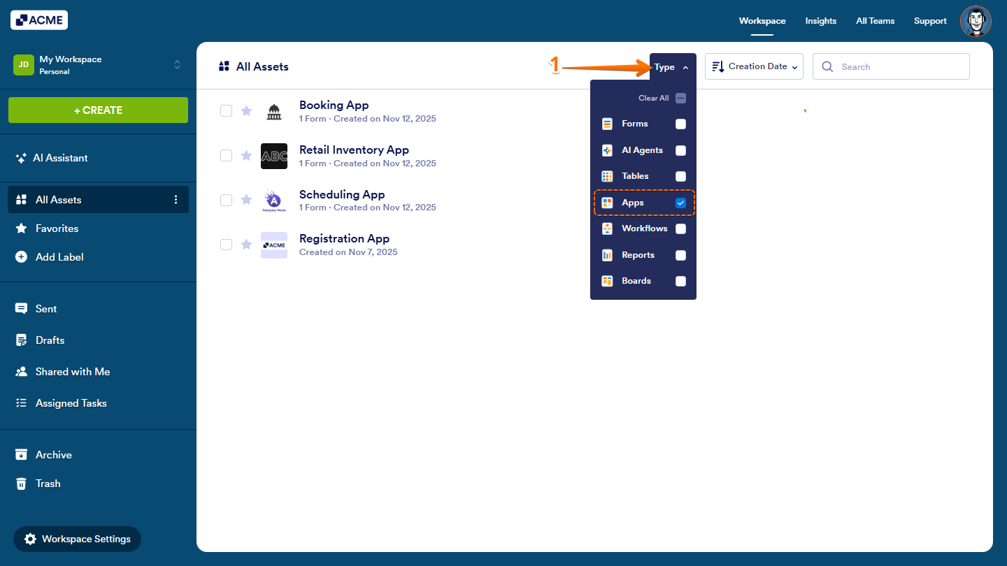 Filter your Workspace by clicking Type and keeping only Apps selected so you can focus on your app assets