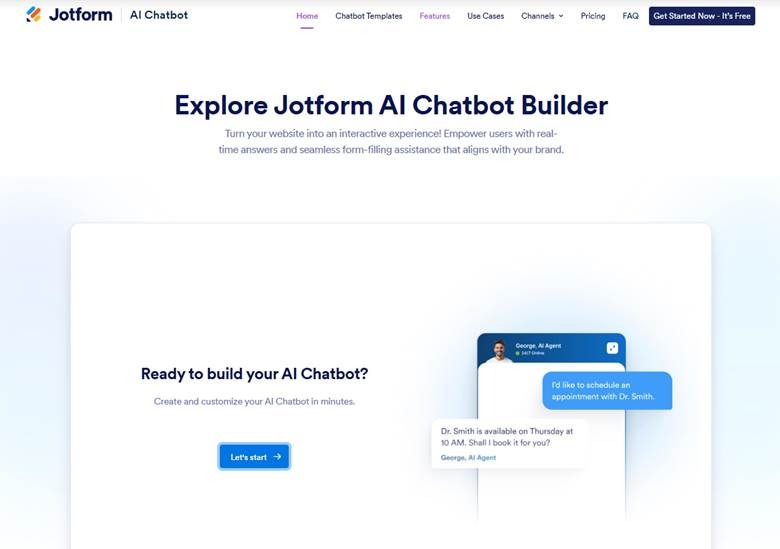 screenshot of Jotform AI chatbot landing page with the words explore jotform AI chatbot builder