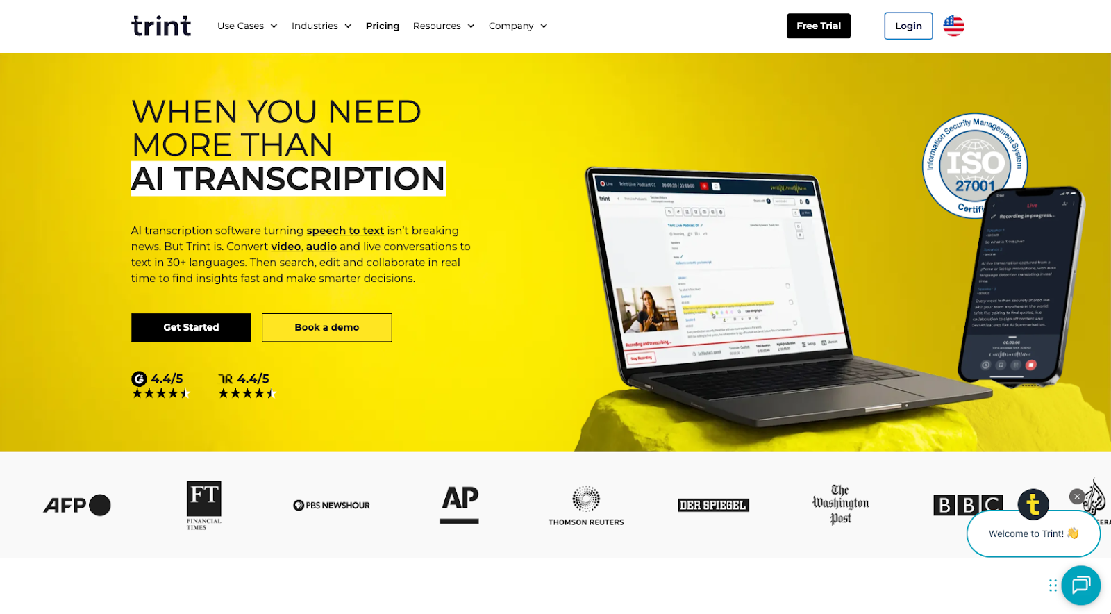 screenshot of trint website homepage saying when you need more than AI transcription