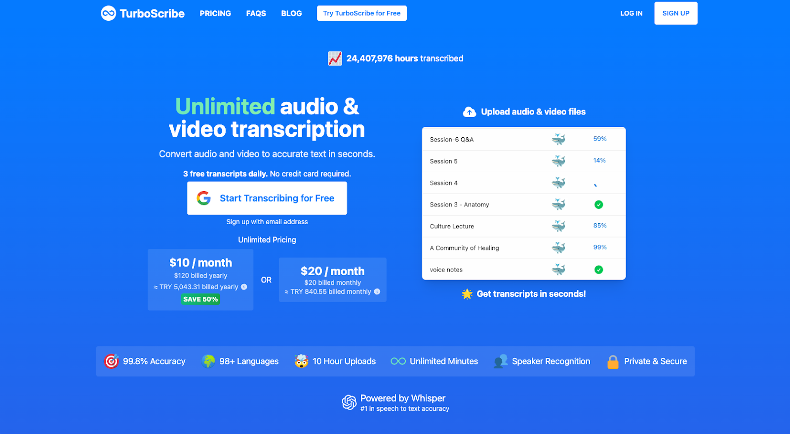 screenshot of turboscribe website homepage offering unlimited audio and video transcription