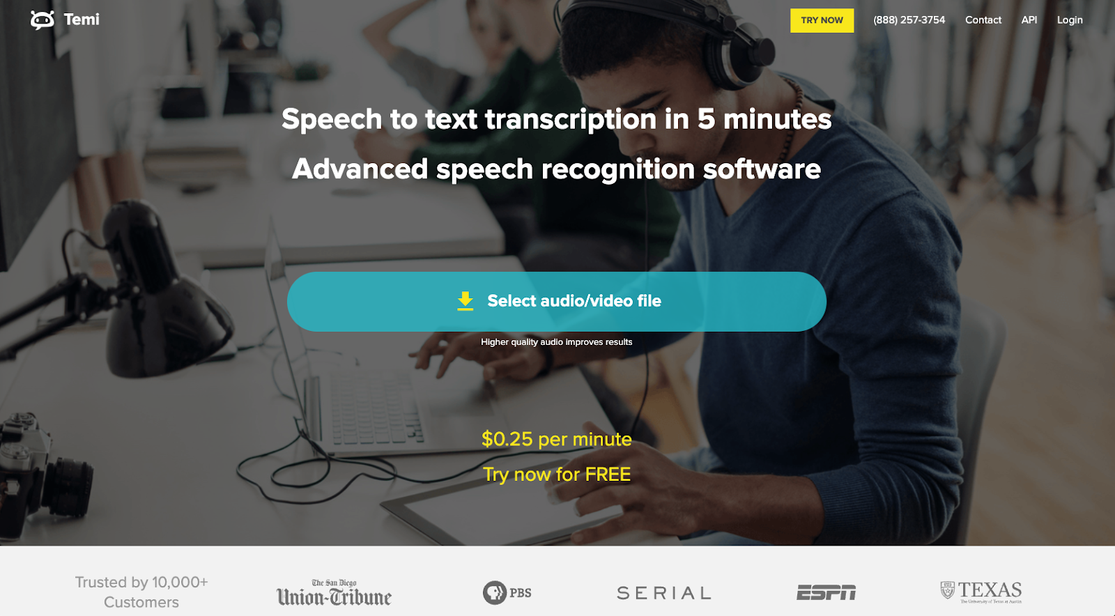 temi website homepage screenshot explaining the tools features as "speech to text transcription in 5 minutes, advanced speech recognition software"