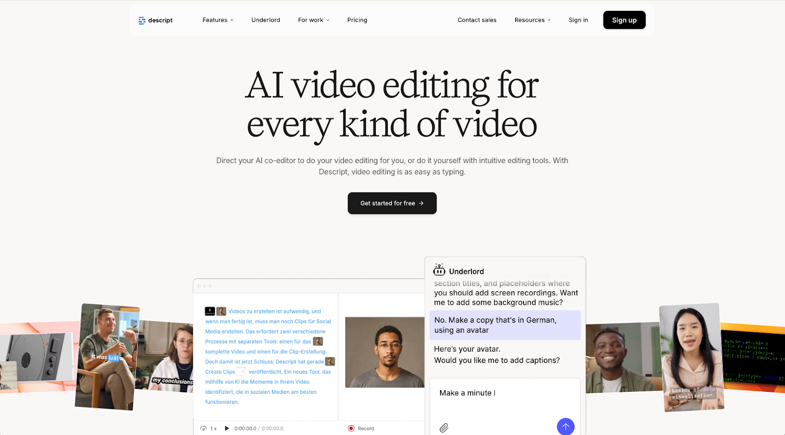 screenshot of descript website homepage with the words AI video editing for every kind of video