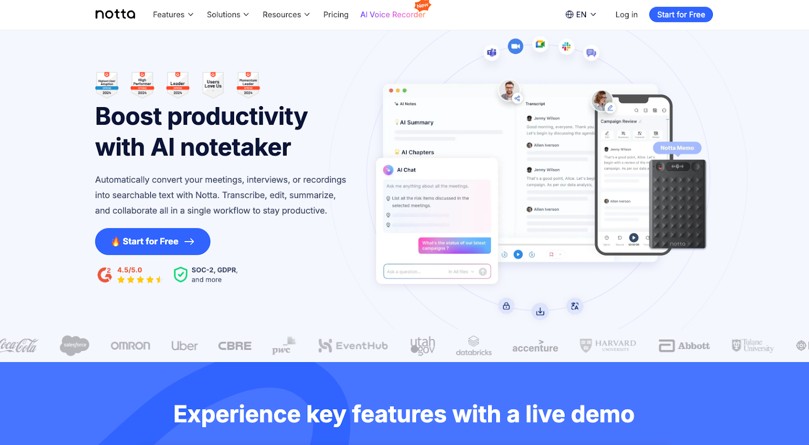 screenshot of Notta website homepage with the words boost productivity with AI notetaker converting user to start for free