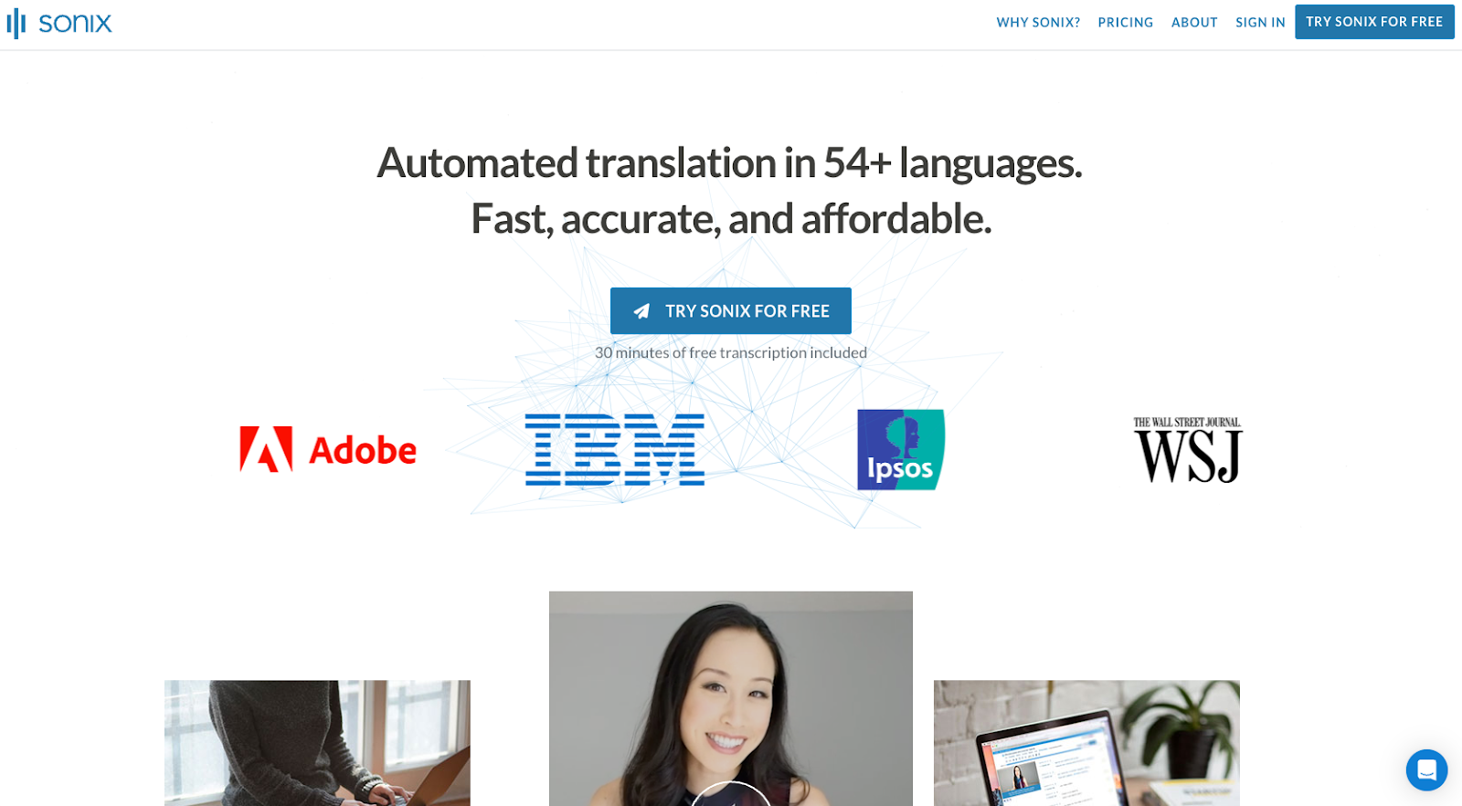 sonic website homepage with the words automated translation in 54 plus languages fast accurate and affordable