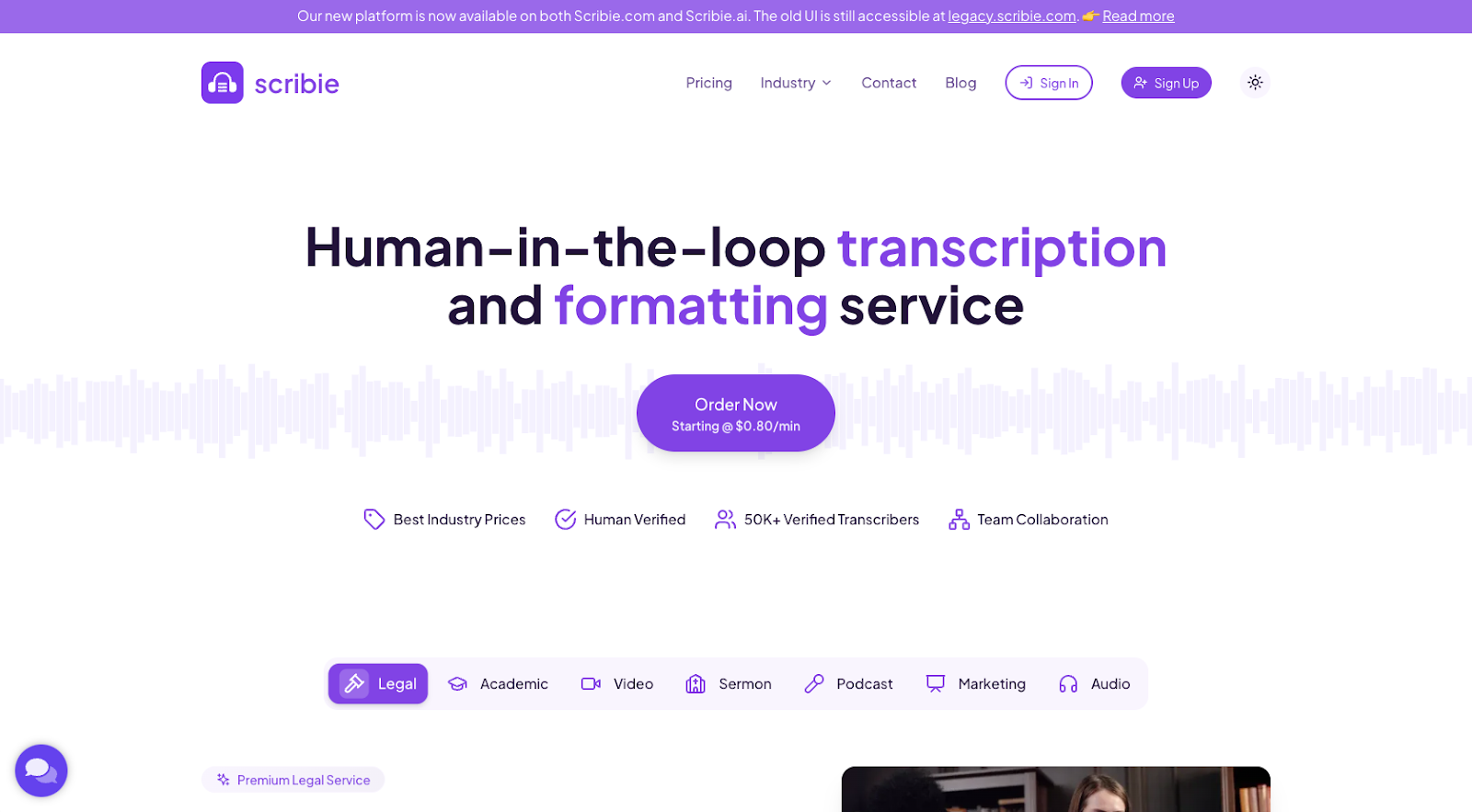 screenshot of scribie website homepage explaining the tool as human in the loop transcription and formatting service