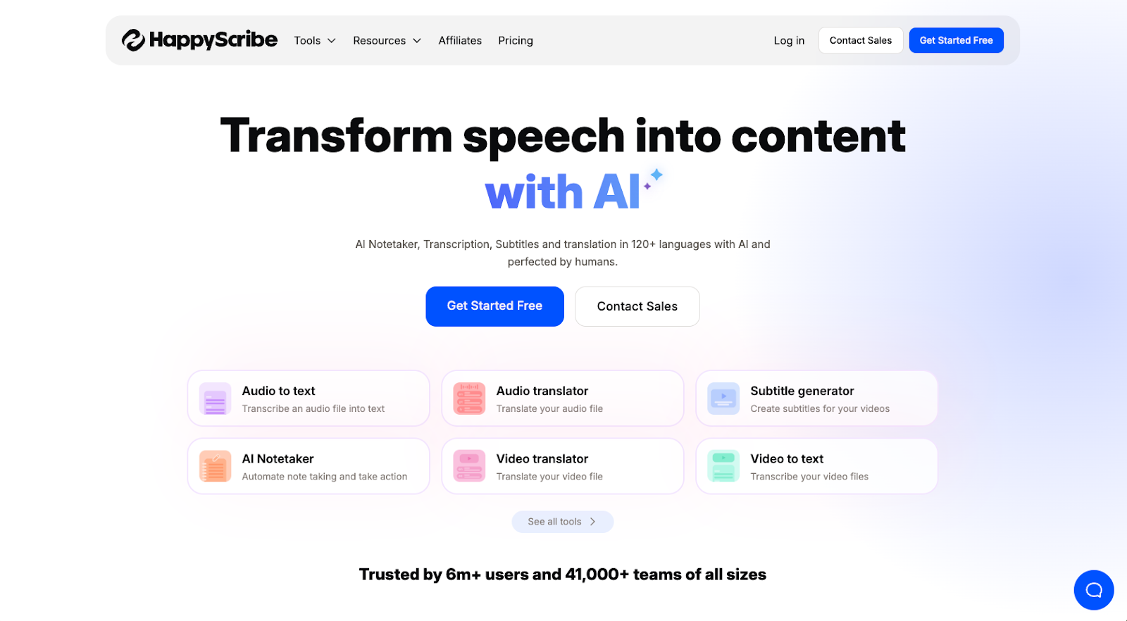 screenshot of HappyScribe website homepage with the following words transform speech into content with AI