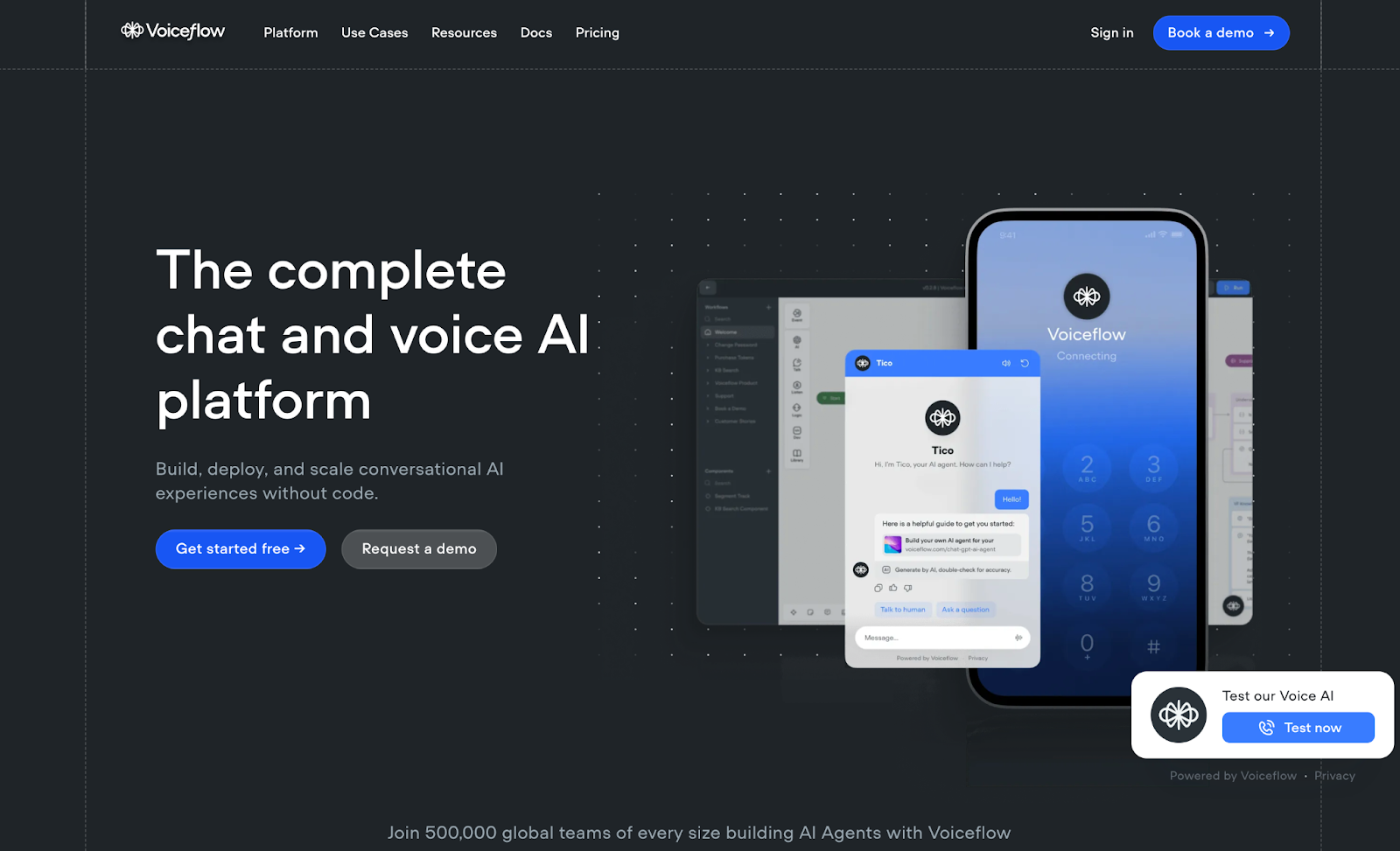 screenshot of voiceflow website homepage with the words the complete chat and voice ai platform