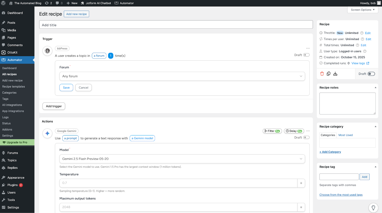 Uncanny Automator interface showing the creation of a "recipe" with trigger and action options