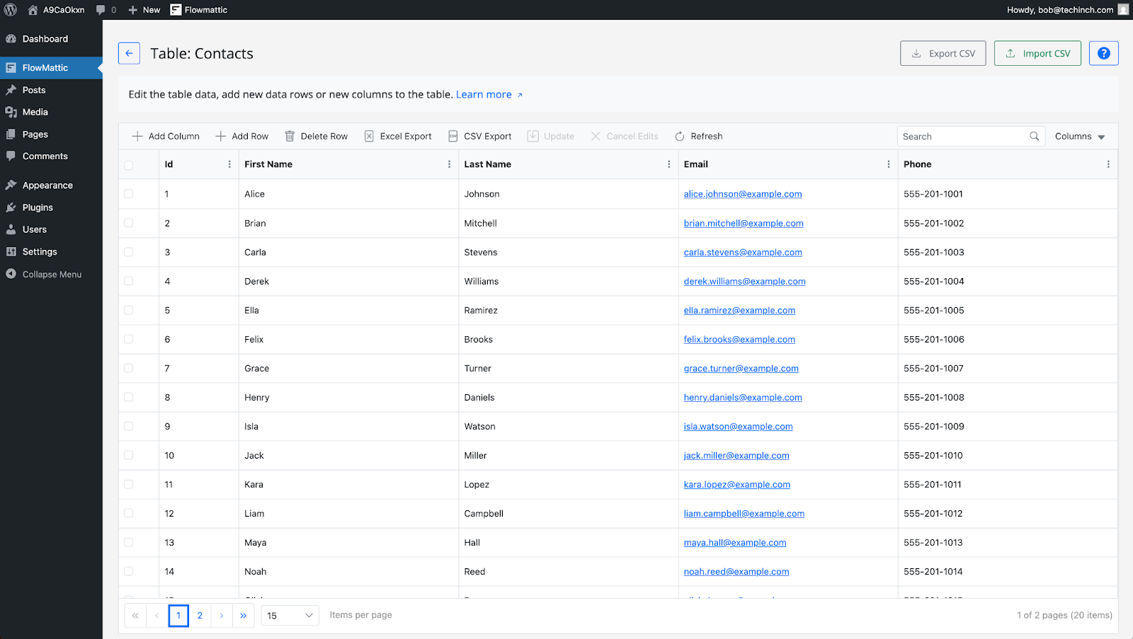 FlowMattic interface showing a table of contacts