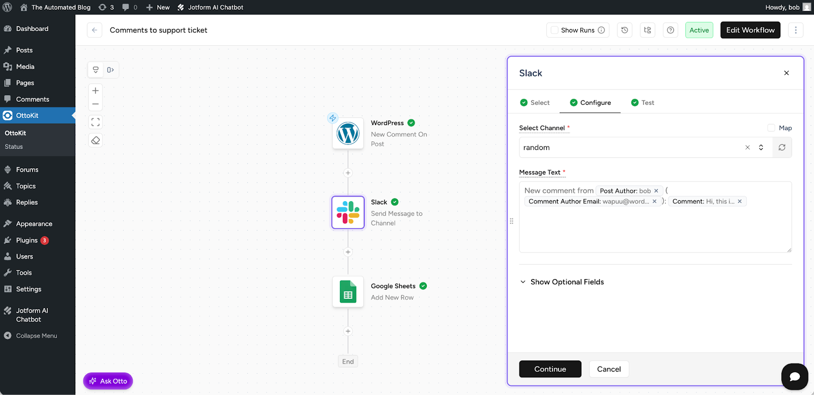 OttoKit interface showing an automation workflow for turning new comments on a post into support tickets