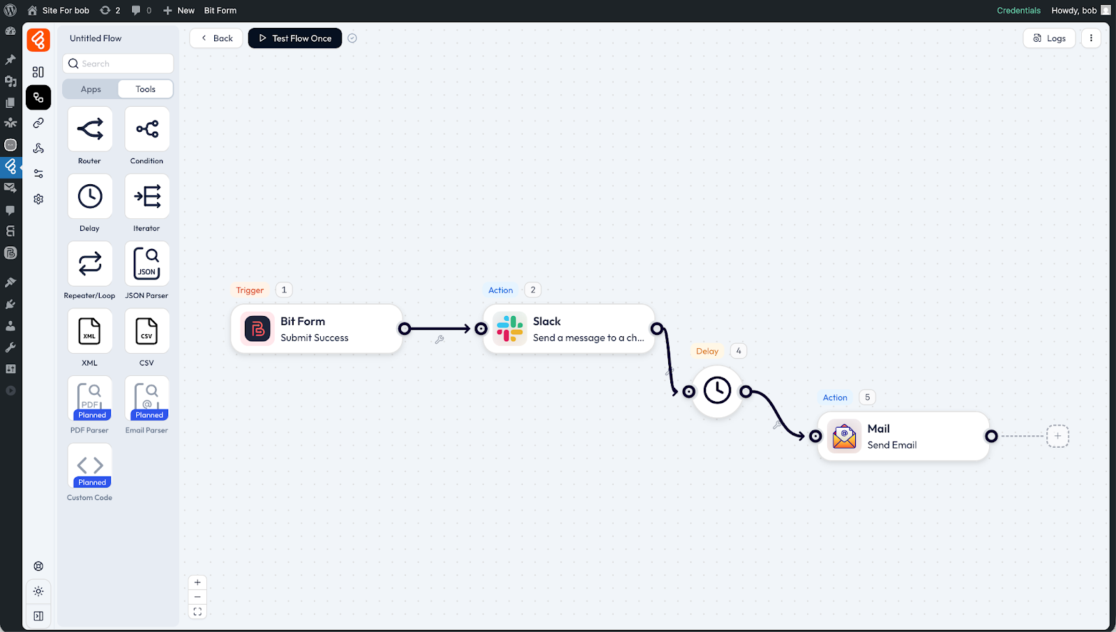 Bit Flows interface showing an example automation flowchart