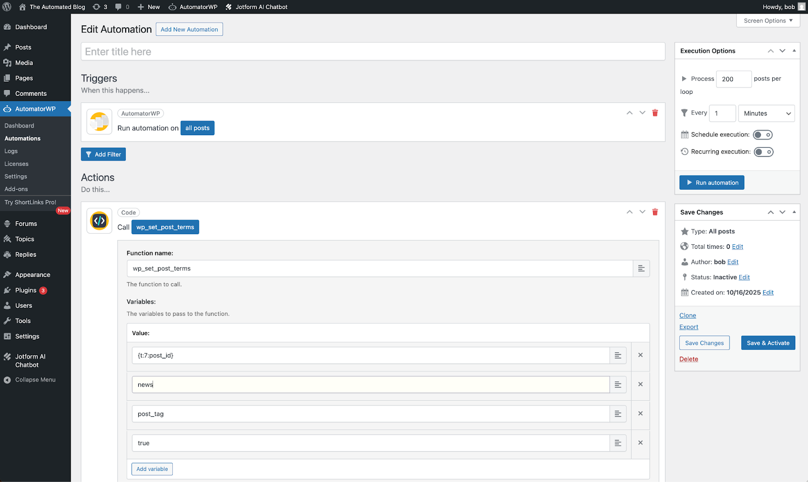 AutomatorWP interface showing an "Edit Automation" screen with trigger and action options