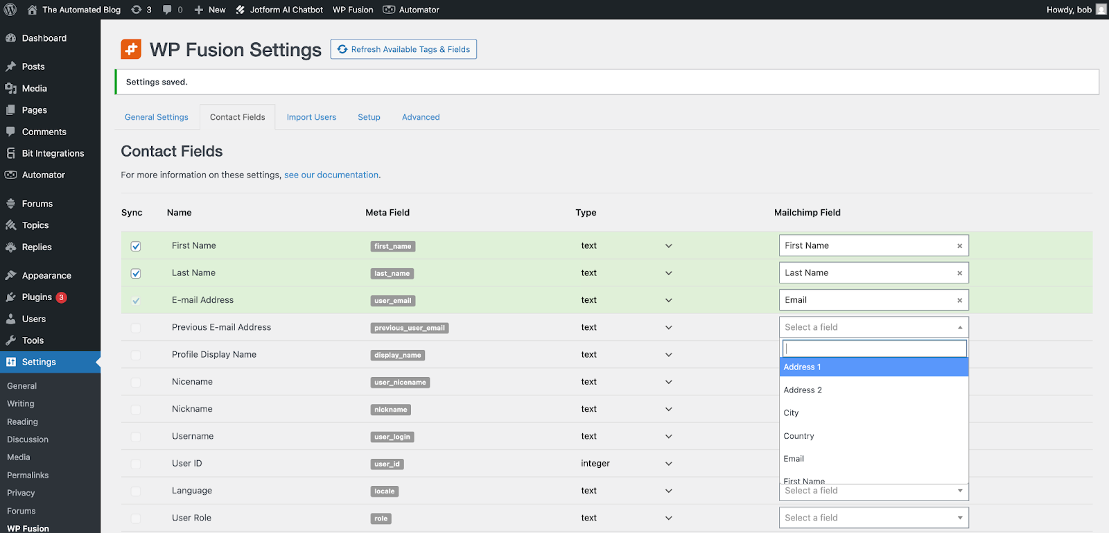 WP Fusion interface showing how you match contact fields to Mailchimp fields