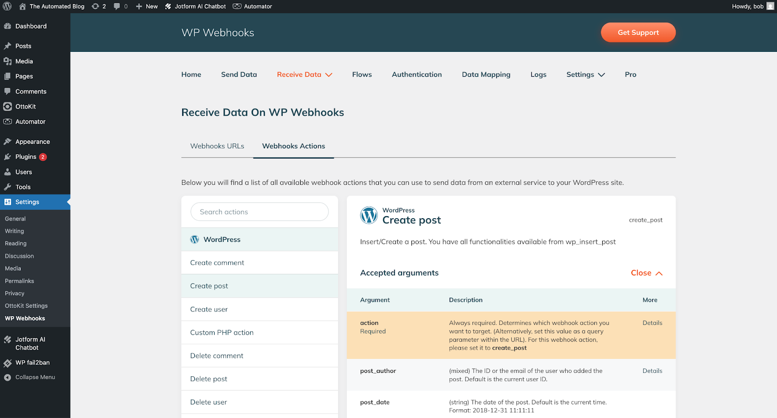 WP Webhooks interface showing a list of webhook actions that can be used to send data to your WordPress site