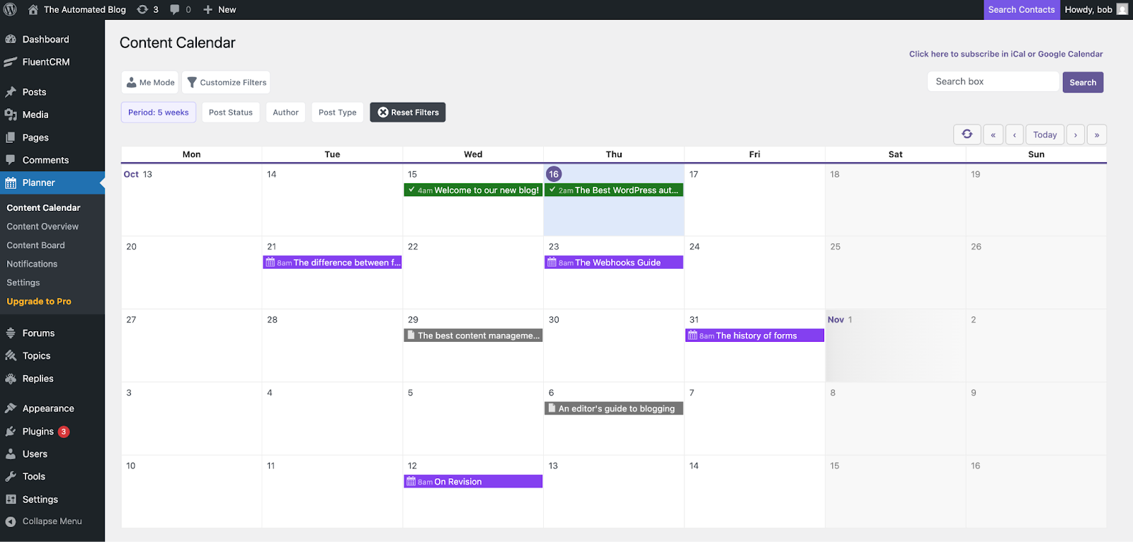 PublishPress Planner interface showing the Content Calendar feature