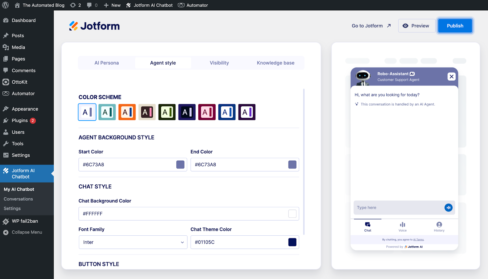 Jotform AI chatbot plug-in for WordPress showing agent style settings