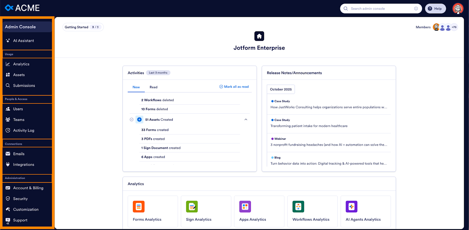 Highlighting the left menu on the Admin Console for Jotform Enterprise