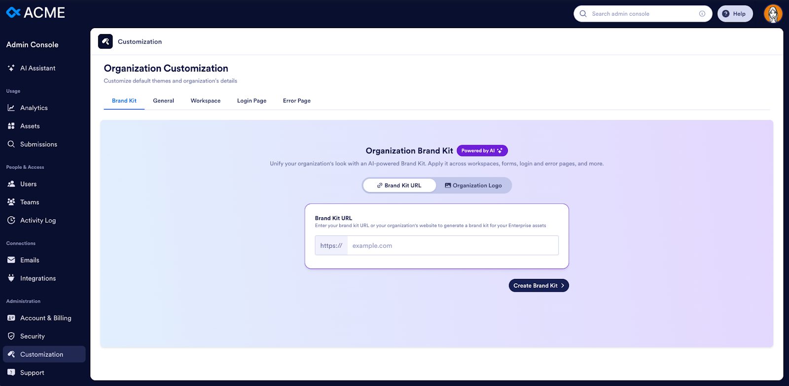 Viewing the Brand Kit on the Organization Customization page