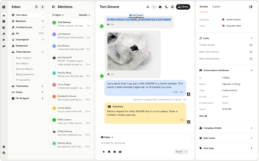 Intercom product interface visual showing metions, inbox and chat with the user