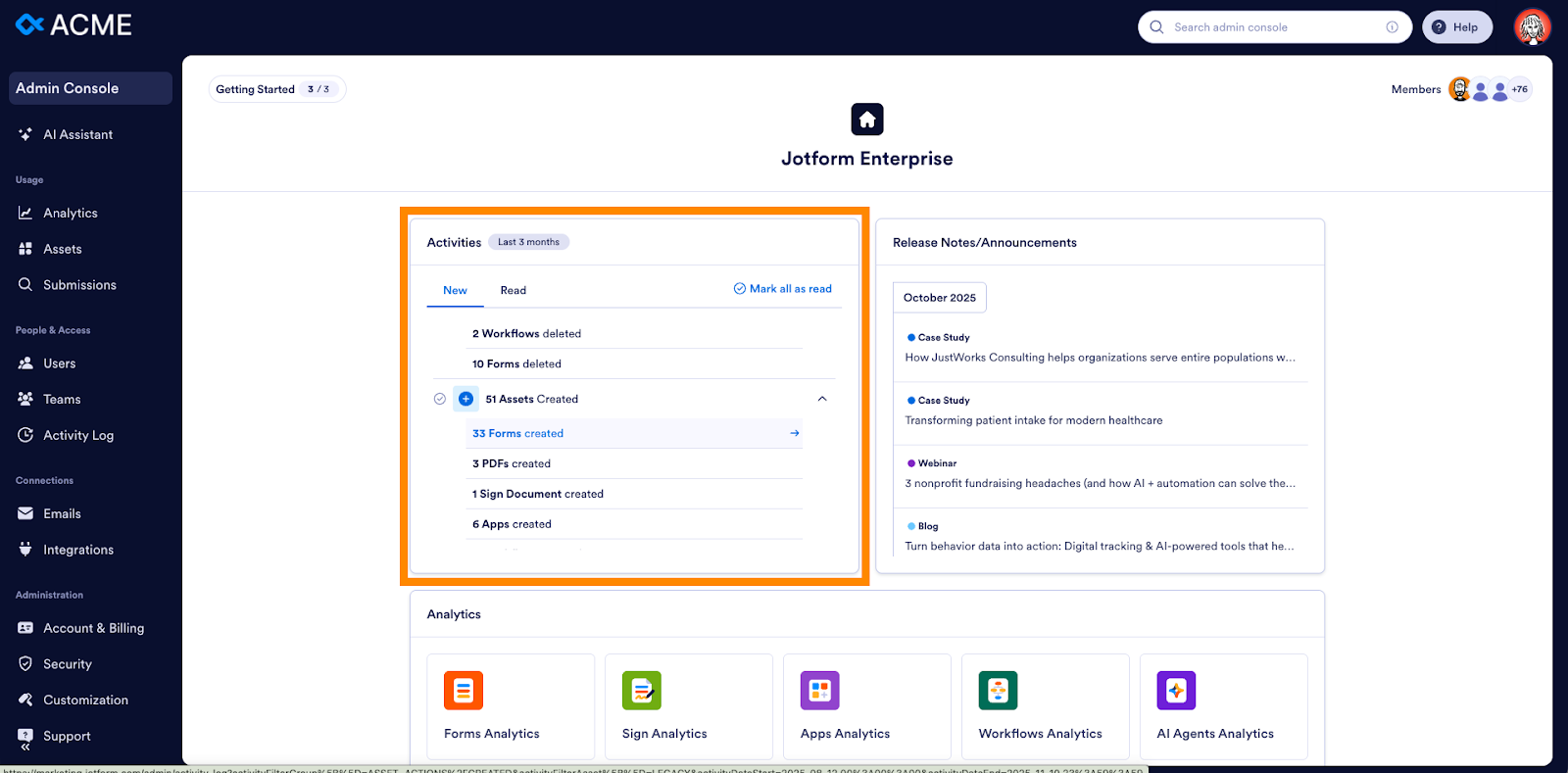 Highlighting the Activities widget on the Admin Console