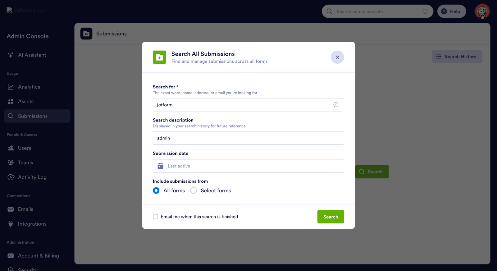 Viewing the Search All Submissions Window on the Admin Console