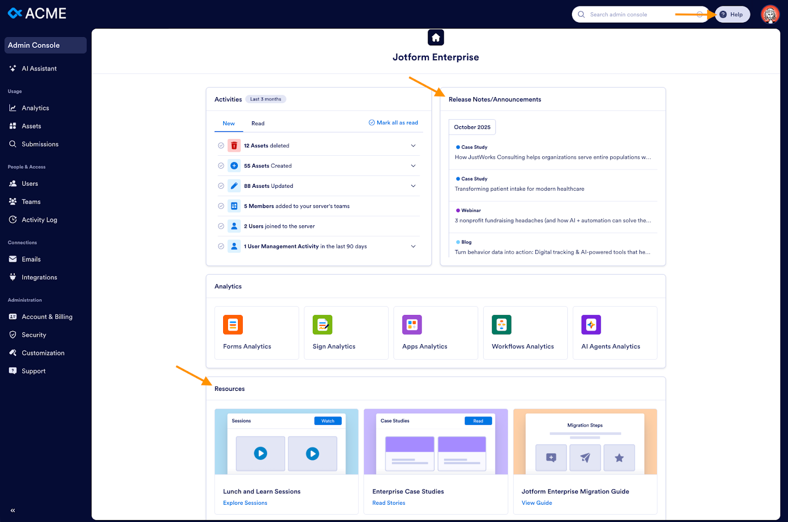 Highlighting the Release Notes/Announcements and Resources sections on the Admin Console