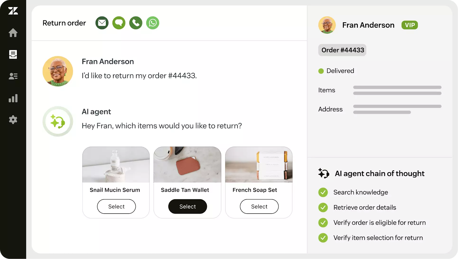 zendesk product interface screenshot showing AI agent's reply to the user who wants a refund