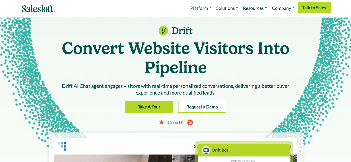 screenshot of Drift by Salesloft website homepage with the words convert website visitors into pipeline