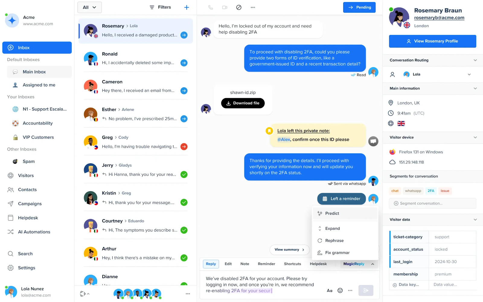 example product interface of Crisp showing the chat and user profile
