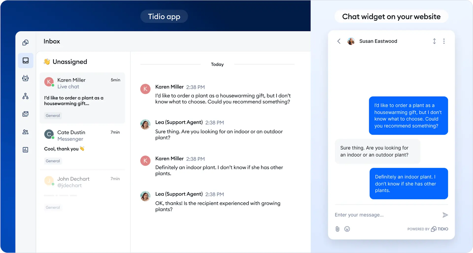 tidio product interface showing the example of chat widget on your website