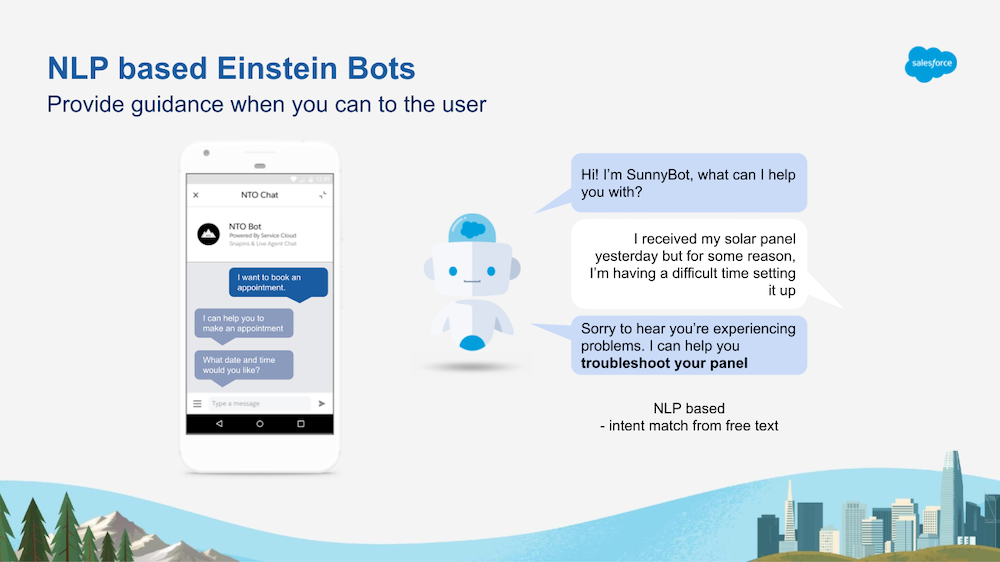 screenshot of NLP based Einstein Bots by Salesforce product page with the words provide guidance when you can to the user