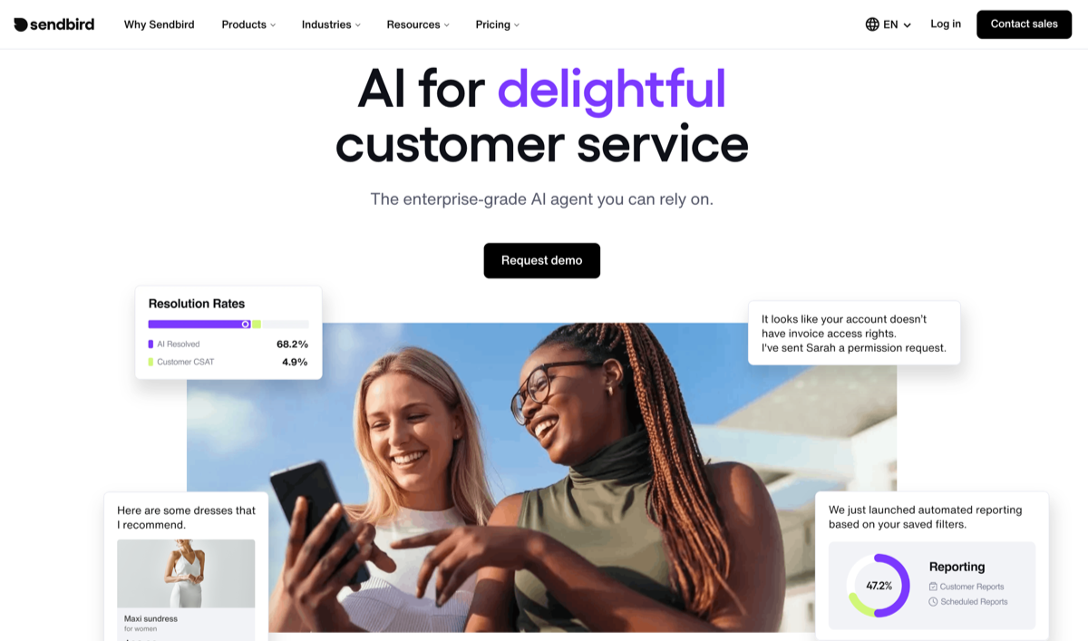 sendbird website homepage screenshot with the words AI for delightful customer service