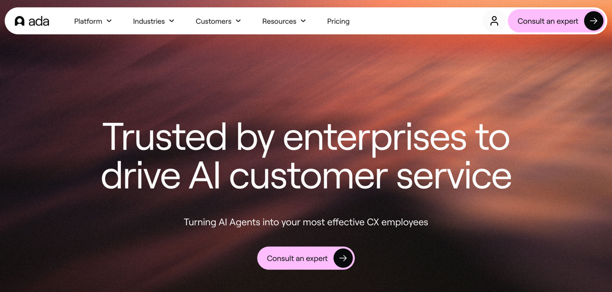 screenshot of ada website homepage with the following words trusted by enterprises to drive AI customer service
